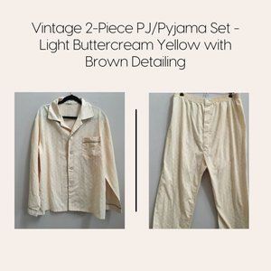 Vintage 2-Piece PJ/Pyjama Set - Light Buttercream Yellow with Brown Detailing